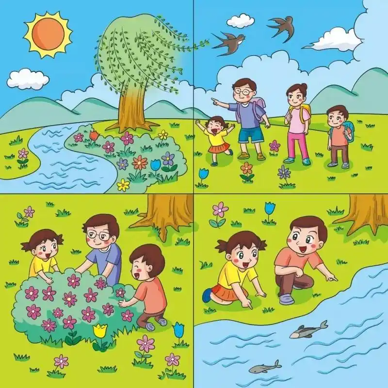 看图写话 找春天 春天来了,万物复苏,同学们在老师的带领下,来到野外