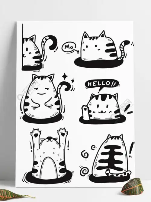 猫咪表情包黑白卡通猫爪治愈系手绘简笔画