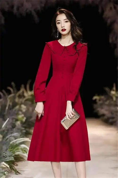 敬酒服女酒红色现代结婚新娘服装气质晚礼服裙女平时可穿回门服女