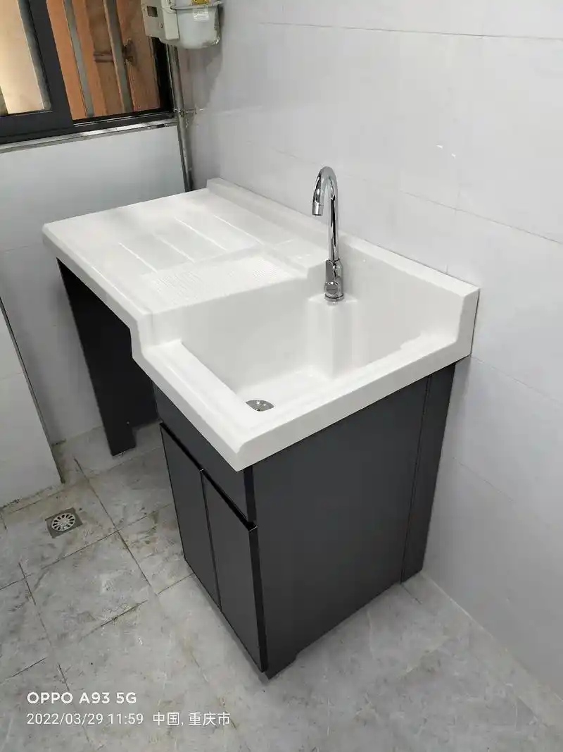 阳台洗衣槽柜 110×60cm石英石珠光白盆子,高低右盆,铝 - 抖音