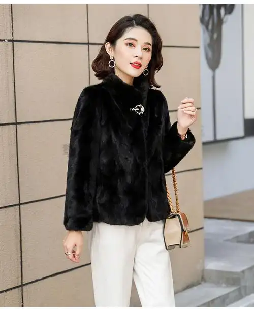 高端轻奢海宁春秋皮草外套中长款女显瘦拼貂皮大衣立领 黑色(中长) m