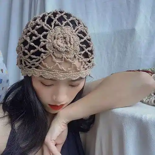 波西米亚纯手工钩针镂空花朵棉线包头帽民族风舞蹈装饰钩针帽子