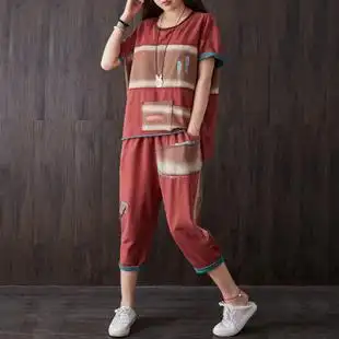 满衣大码女装2018文艺拼接宽松七分哈伦裤两件套休闲运动套装女夏