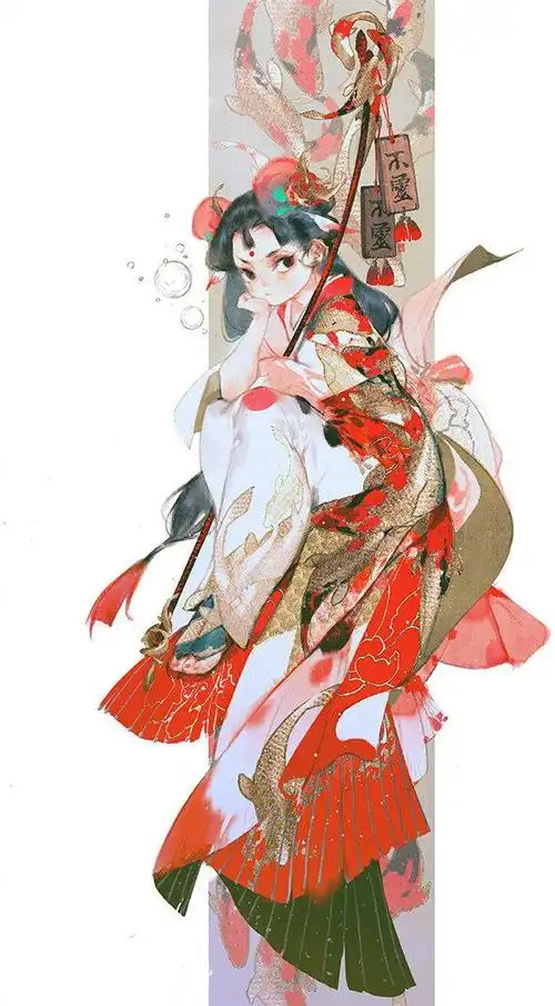 浓厚高级质感古风美人插画,大量的留白让人物充满了韵味