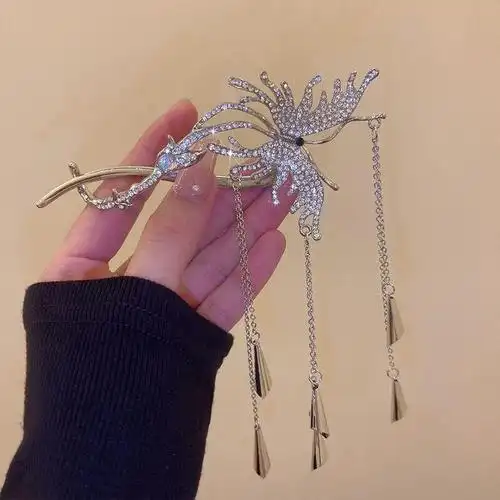 高级感金属蝴蝶流苏发夹女冷淡风小众设计古风轻奢气质镶钻扭扭夹