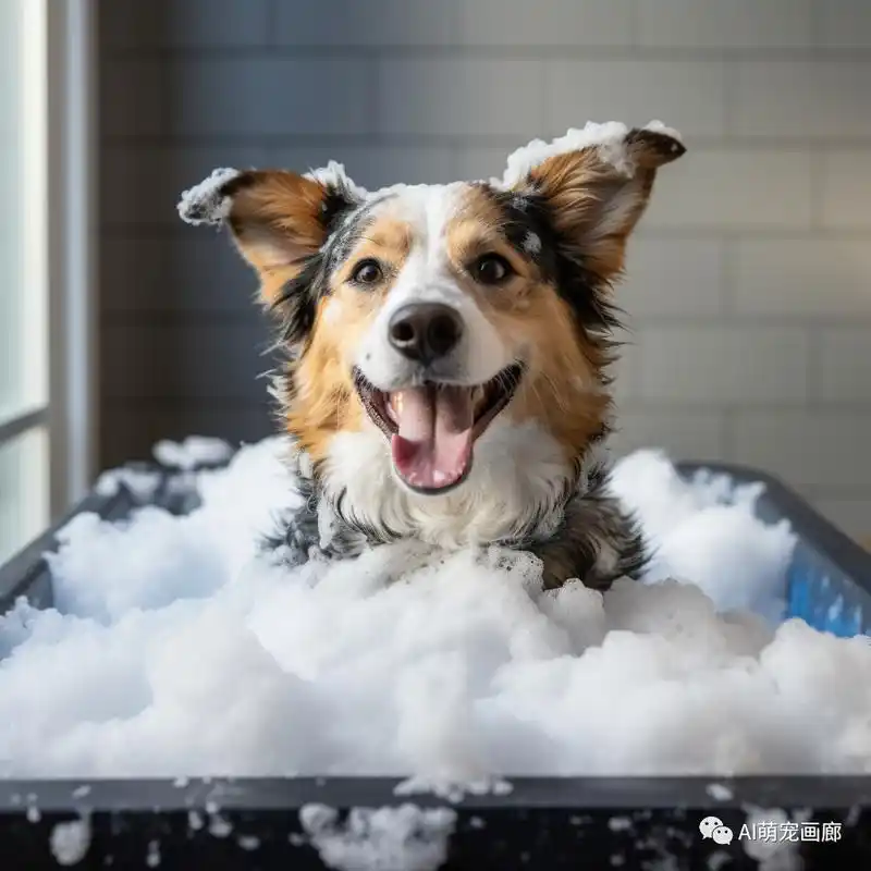 萌翻了!泡泡浴中的狗狗笑容满满!