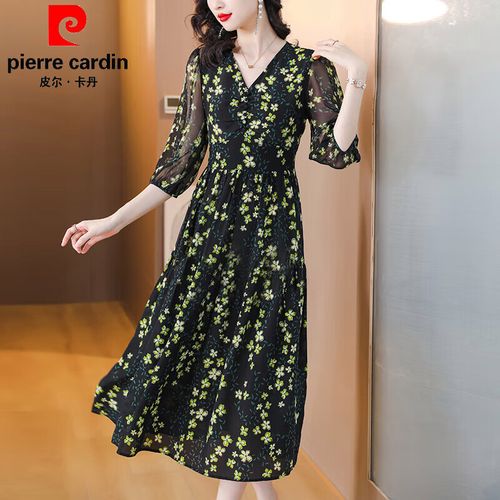 皮尔卡丹(pierre cardin)真丝连衣裙女100%桑蚕丝女士高档装洋气短袖