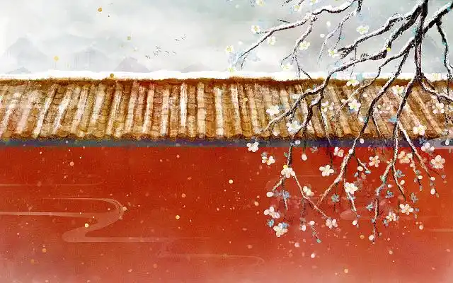 节气圆形边框古风建筑冬天雪景背景插画古代建筑冬天背景野外自然风景