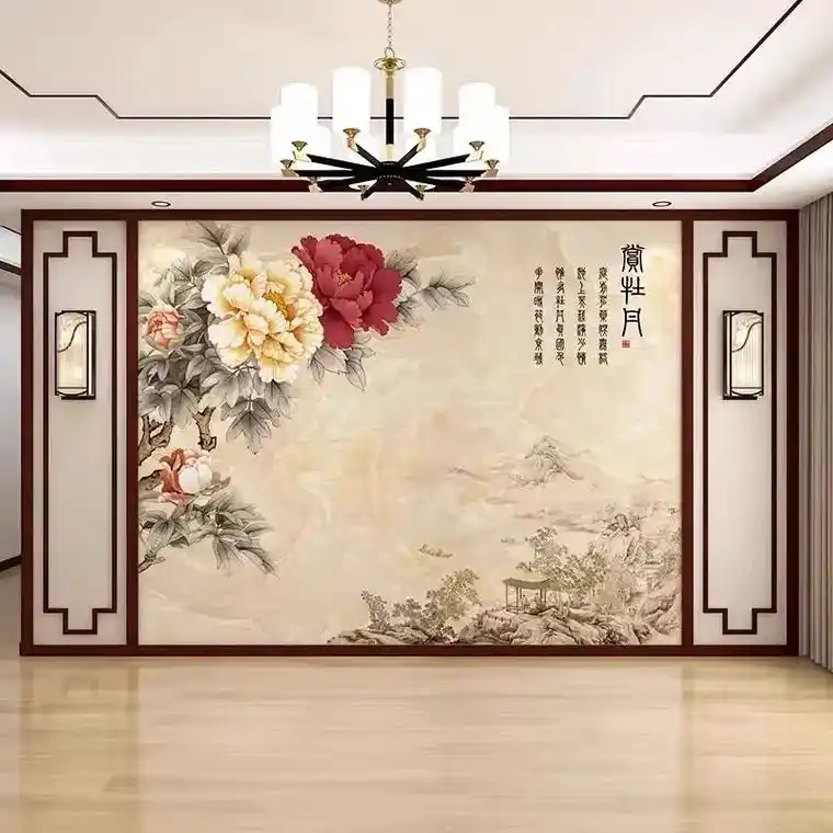 新中式电视背景壁布客厅墙山水花鸟壁纸沙发影视墙布卧室床头壁画
