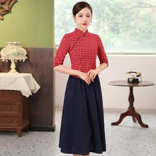 2022年春夏新款文艺复古民国风棉麻旗袍上衣半裙两件套中式套装女