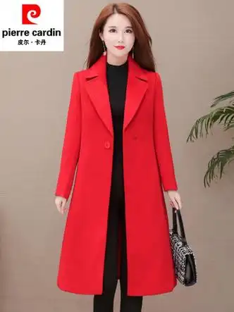 皮尔卡丹毛呢外套大衣女装新款外套春秋中长款呢子韩版呢大衣红色l