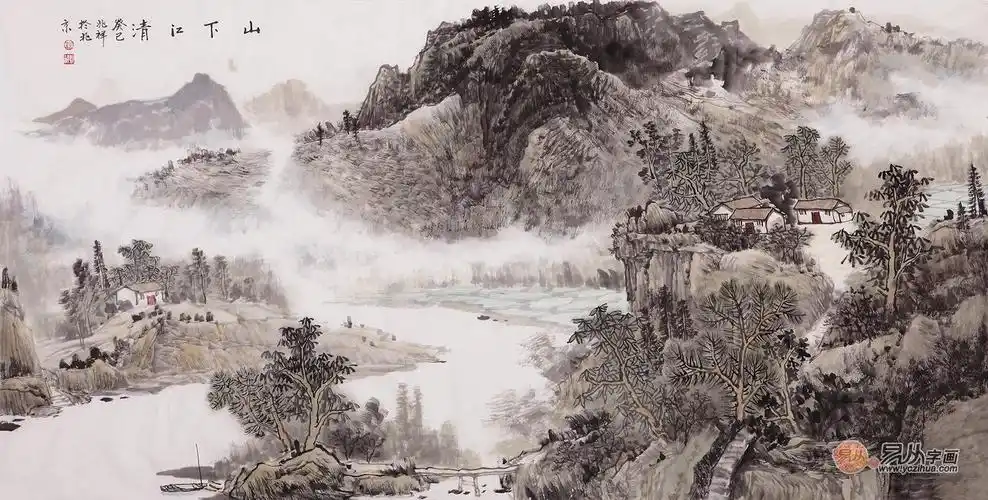 四尺横幅山水画作品《两岸猿声啼不住》国画写意山水画沈兆祥字画欣赏