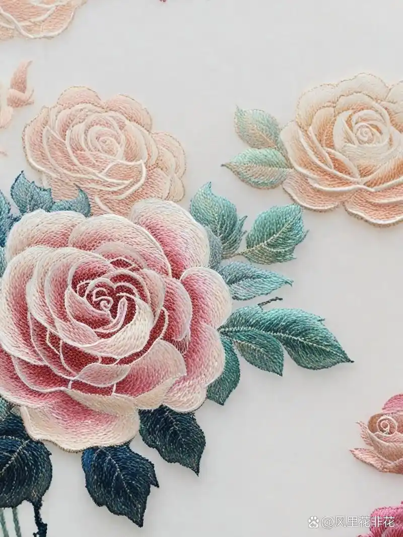 很逼真清雅的玫瑰花刺绣,苏绣.