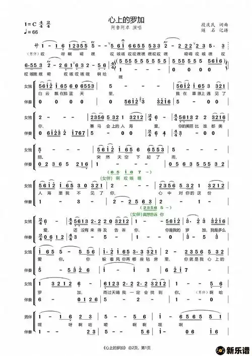 歌曲心上的罗加-齐旦布的简谱歌谱下载