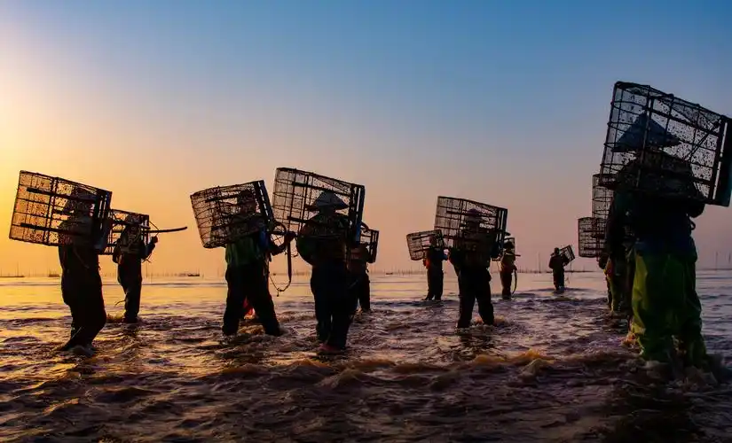 出海2021年4月拍摄于福建省福州市连江县小奥村渔民们迎着阳光出海