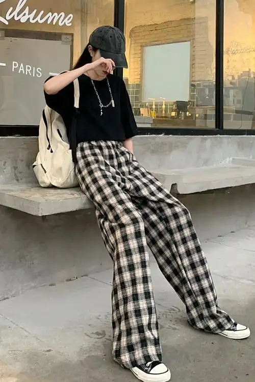 黑白格子裤女宽松直筒春秋夏韩版高腰垂感百搭拖地阔腿裤新款