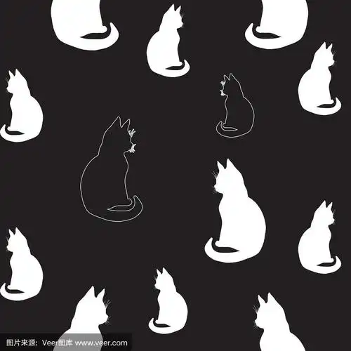 插图等高线绘制孤立形状的黑白两种色调的猫的剪影,艺术画坐猫无缝的