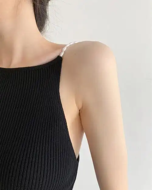 法式小众珍珠吊带背心无袖冰丝挂脖锁骨上衣女夏季外搭露背外穿