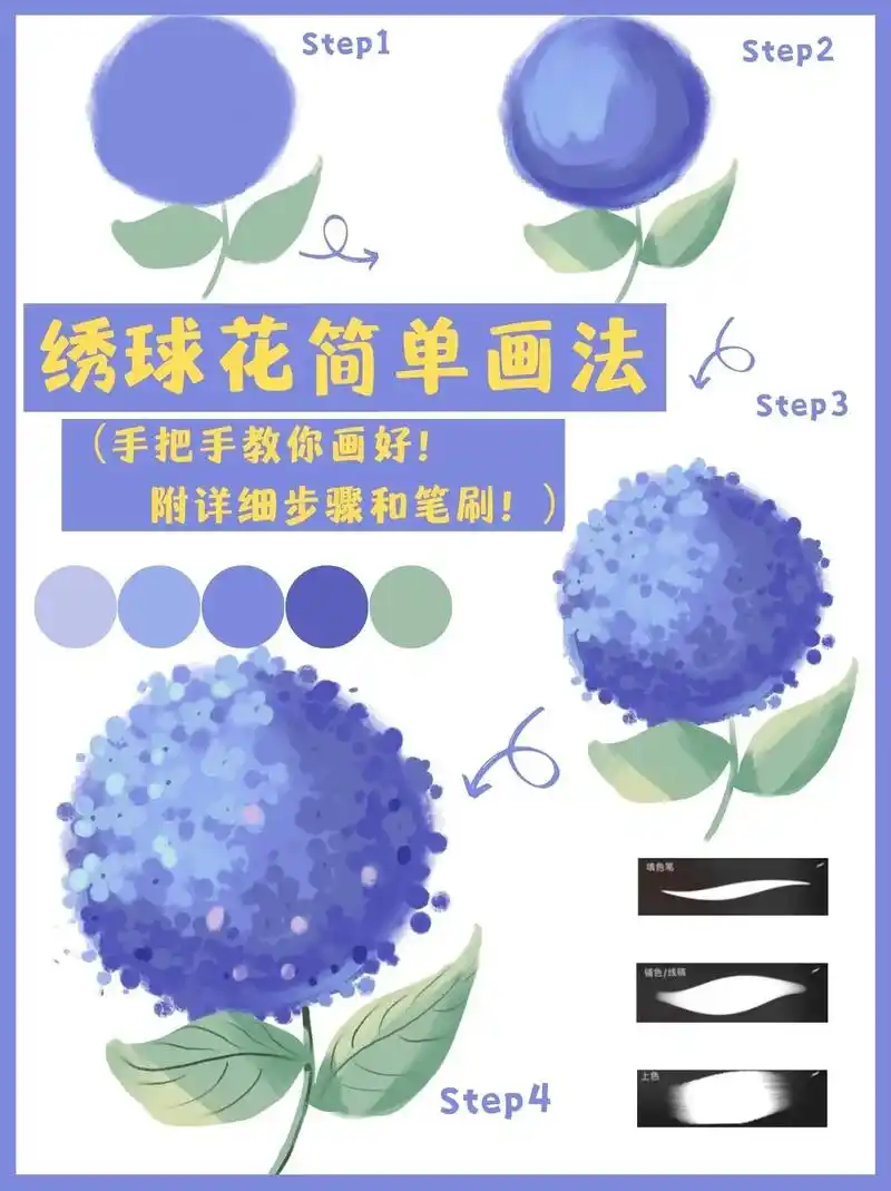 零基础插画教程丨4步教会你画绣球花!16615用蜡涂笔刷把绣 - 抖音