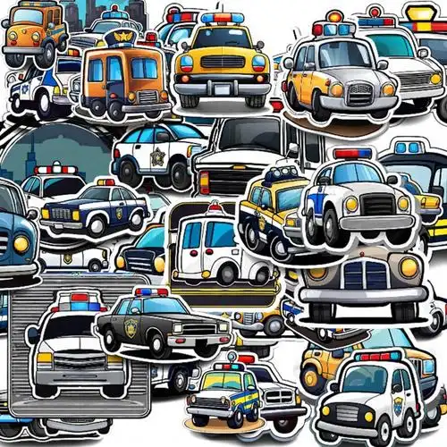 一辆卡通警车50张手机贴画装饰防水贴纸水杯手帐可爱电脑笔记本电-阿