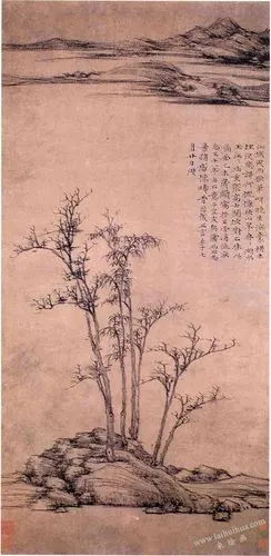 渔庄秋霁图轴简介:倪瓒,渔庄秋霁图轴,元,纸本墨笔,纵96.1厘米,横46.