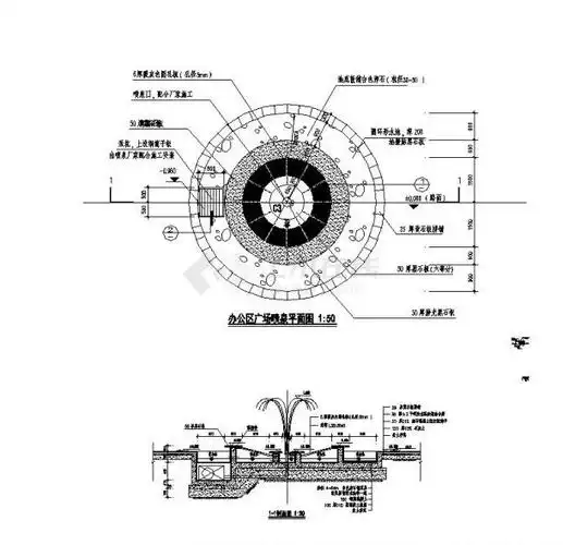 包含办公区广场喷泉底板配筋图,办公区广场喷泉平面图,1-1剖面图等