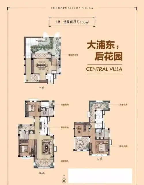 建面约150㎡上叠别墅户型图▼
