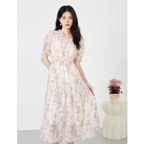 【夏季】v领雪纺印花连衣裙女修身显瘦x版裙子