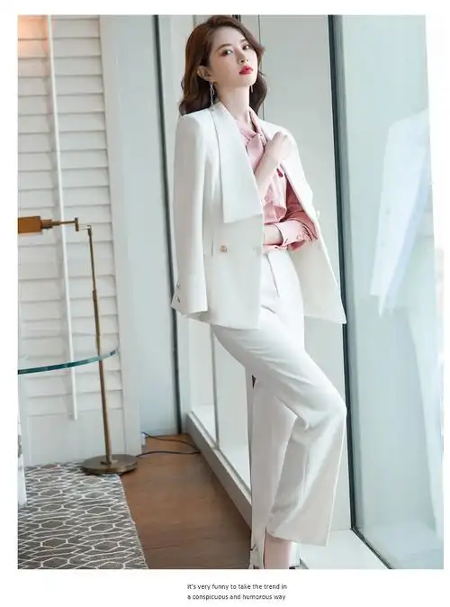 西服女装设计感双排扣v领售楼部工作服女白色西装裤子6690粉色衬衫xl