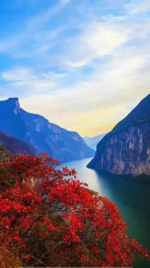 水彩风景――三峡红叶映日迟