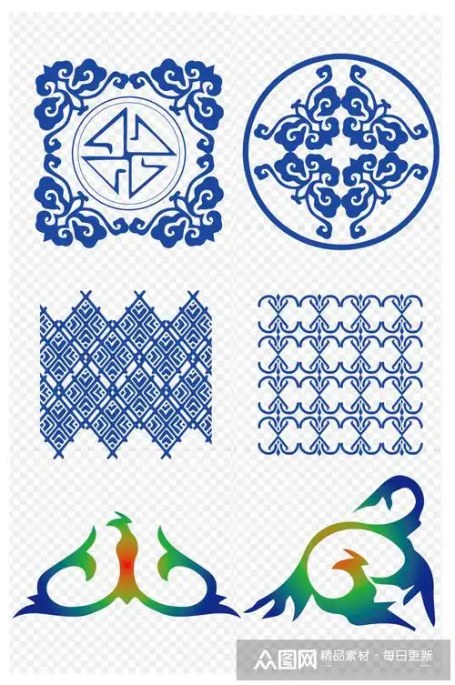 蒙古元素花纹青色民族风免抠元素