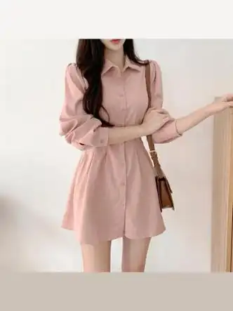 coverlachic气质收腰显瘦衬衫连衣裙女春秋季小个子短裙衬衣裙子粉色s