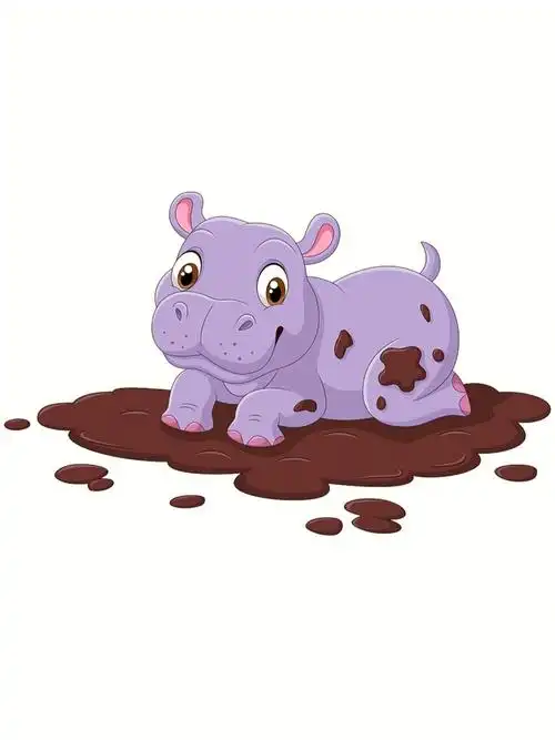 卡通插画一只会玩泥巴的河马