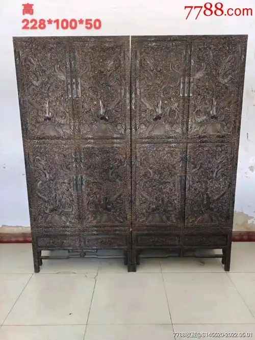 典藏老紫檀木龙柜明清家具古董旧货清代中期雕刻祥云纹龙柜一对雕刻