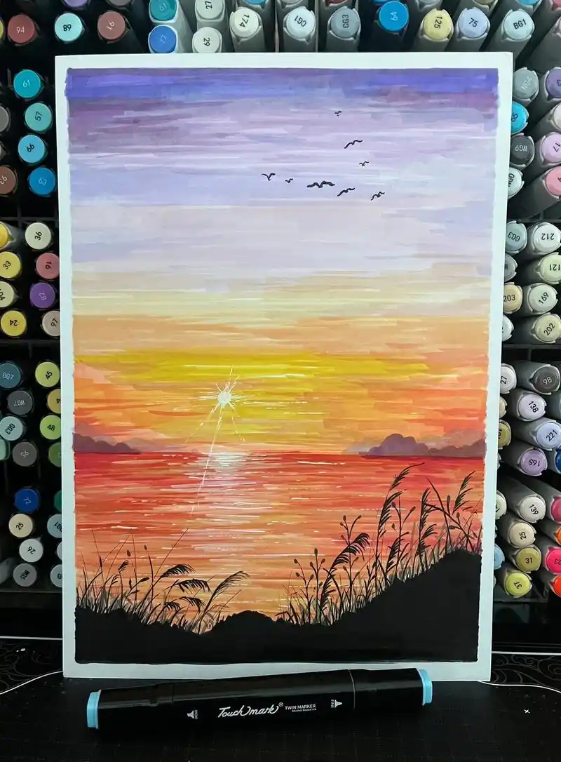 油性马克笔速涂风景『落日余晖』.#一起学画画 #治愈系风景  - 抖音