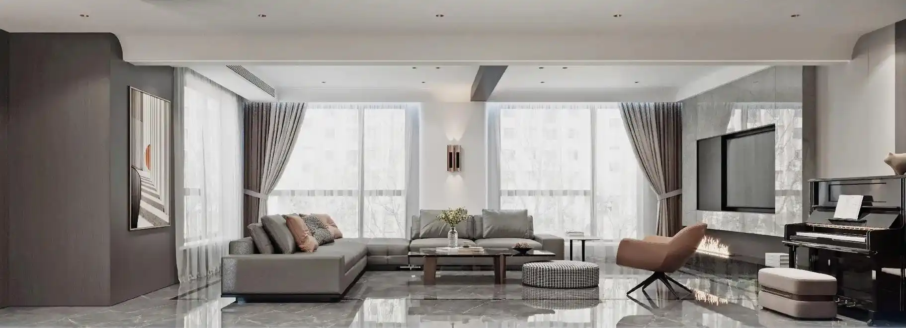 客厅吊顶有横梁,可以这样设计,既美观又不显得突兀#效果图表现 - 抖音