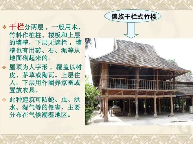 傣族干栏式竹楼   干栏分两层 ,一般用木, 竹料作桩柱,楼板和上层 的
