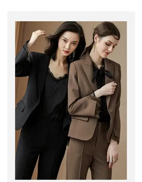 例柏女装2021秋季新款时尚套装拼接西装外套直筒裤职业两件套女备选1s