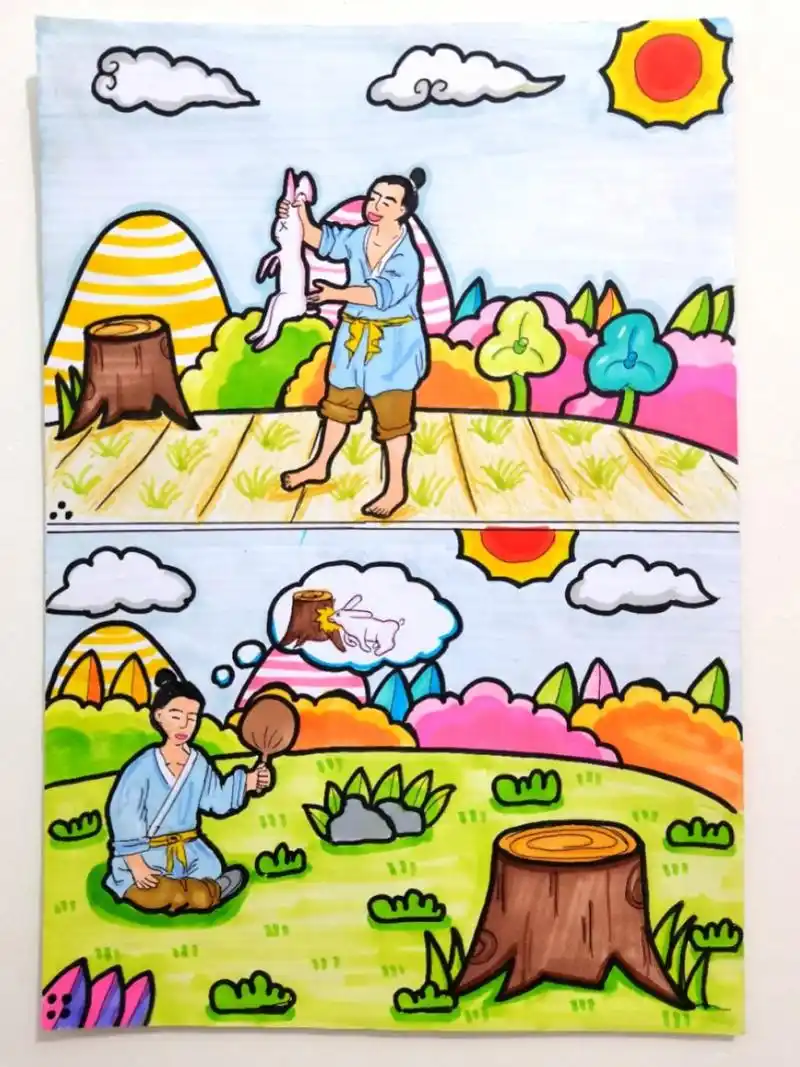 马克笔儿童简笔画 守株待兔92简单连环画 滁州学院19年学前教育对口