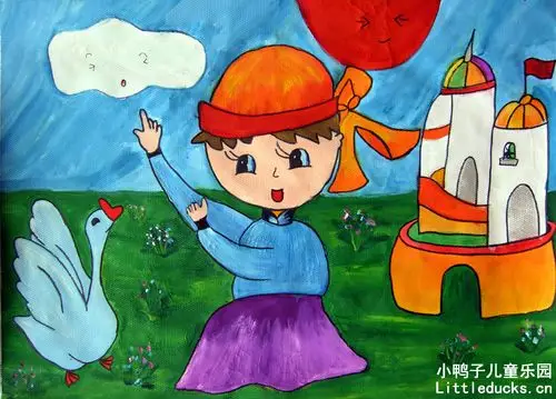 儿童画作品欣赏:水彩画女孩和天鹅