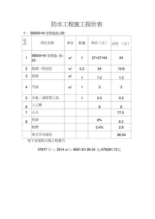 防水工程施工报价表
