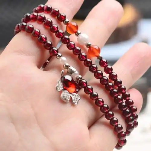 天然酒红石榴石手链女首饰品水晶多圈手饰6a手链