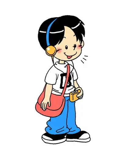psd手绘儿插卡通人物小学生男孩听耳机
