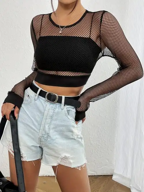 夏季新款透视渔网长袖t恤镂空罩衫女露脐上衣 - 17网