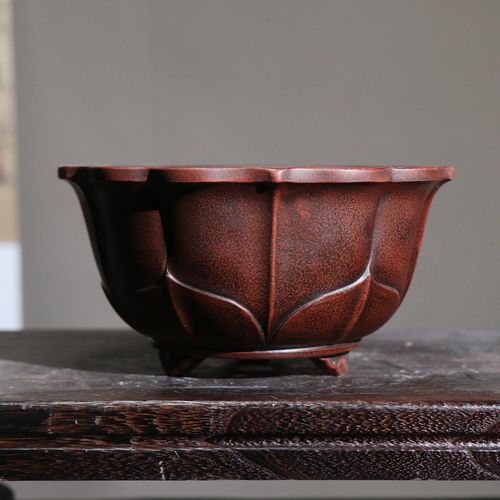 紫砂花盆手工收藏工艺品日式日本莲花形盆景盆