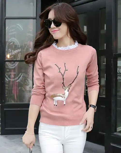 粉色蕾丝领梅花鹿图案针织衫