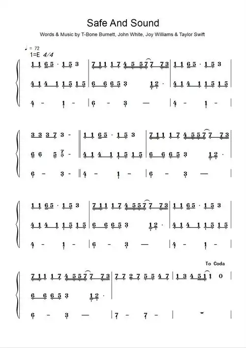 谁能给我taylor的safe and sound的钢琴简谱,谢谢了