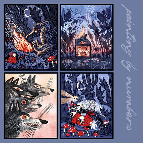 ins创意动物大灰狼插画diy数字油画填充涂鸦手工画卡通卧室装饰画