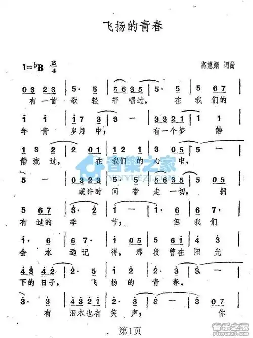 费翔飞扬的青春简谱曲谱歌谱谱子
