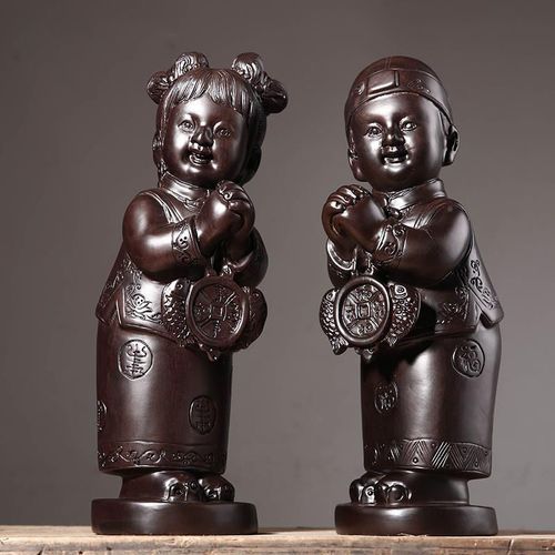 仙游雕刻黑檀木雕实木雕刻金童玉女开业恭喜发财摆件结婚庆家居装